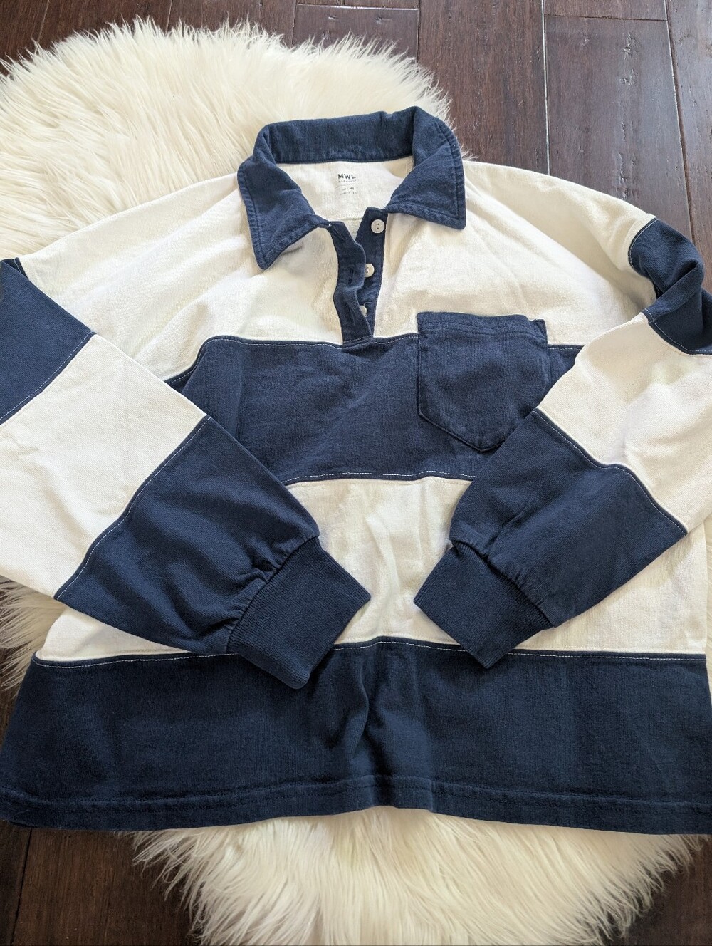Madewell Navy White Striped Rugby Polo Pullover Long Sleeve Shirt XS - Picture 2 of 5